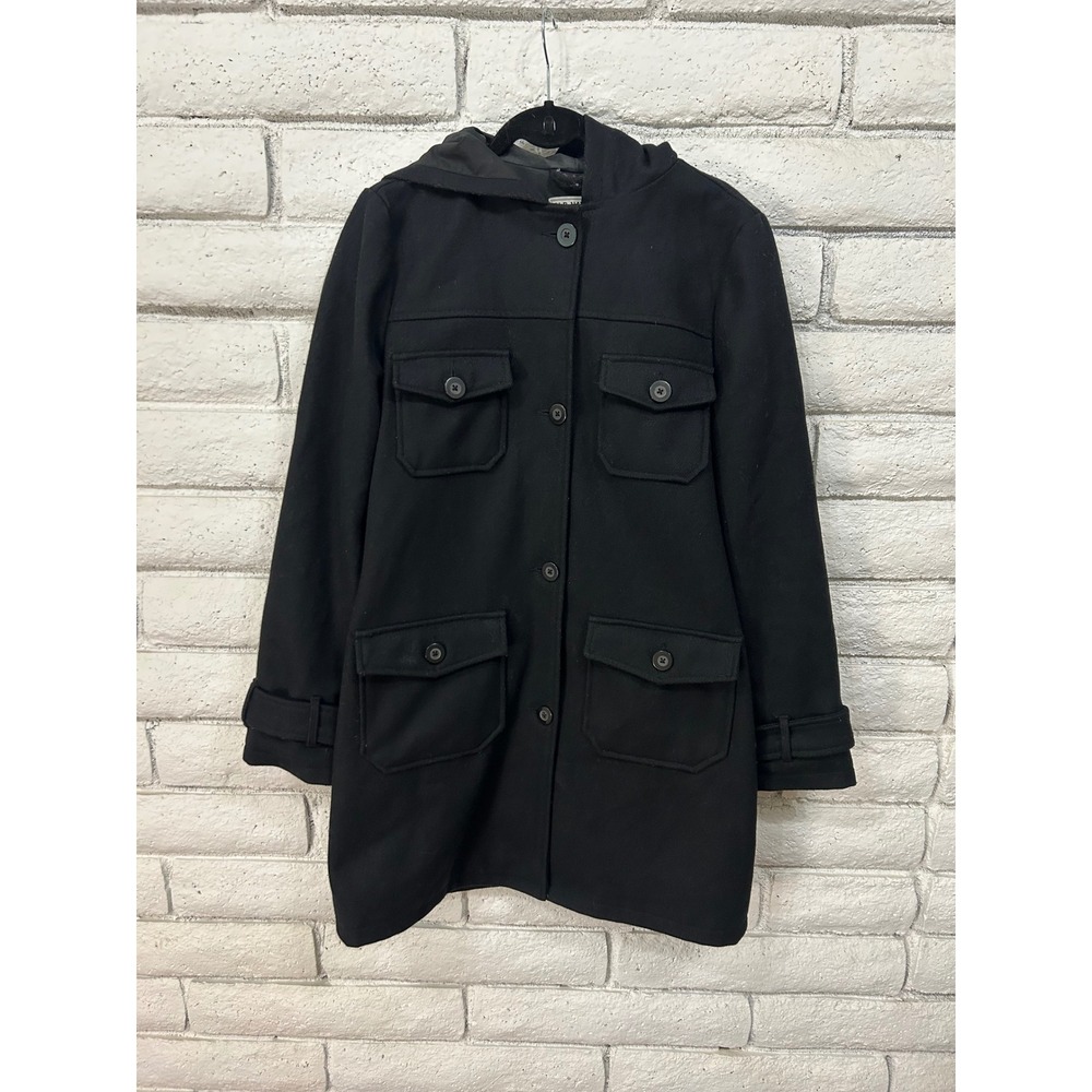 Old Navy Womens Black Hooded Utility Coat Jacket Large Button Front  Wool Blend